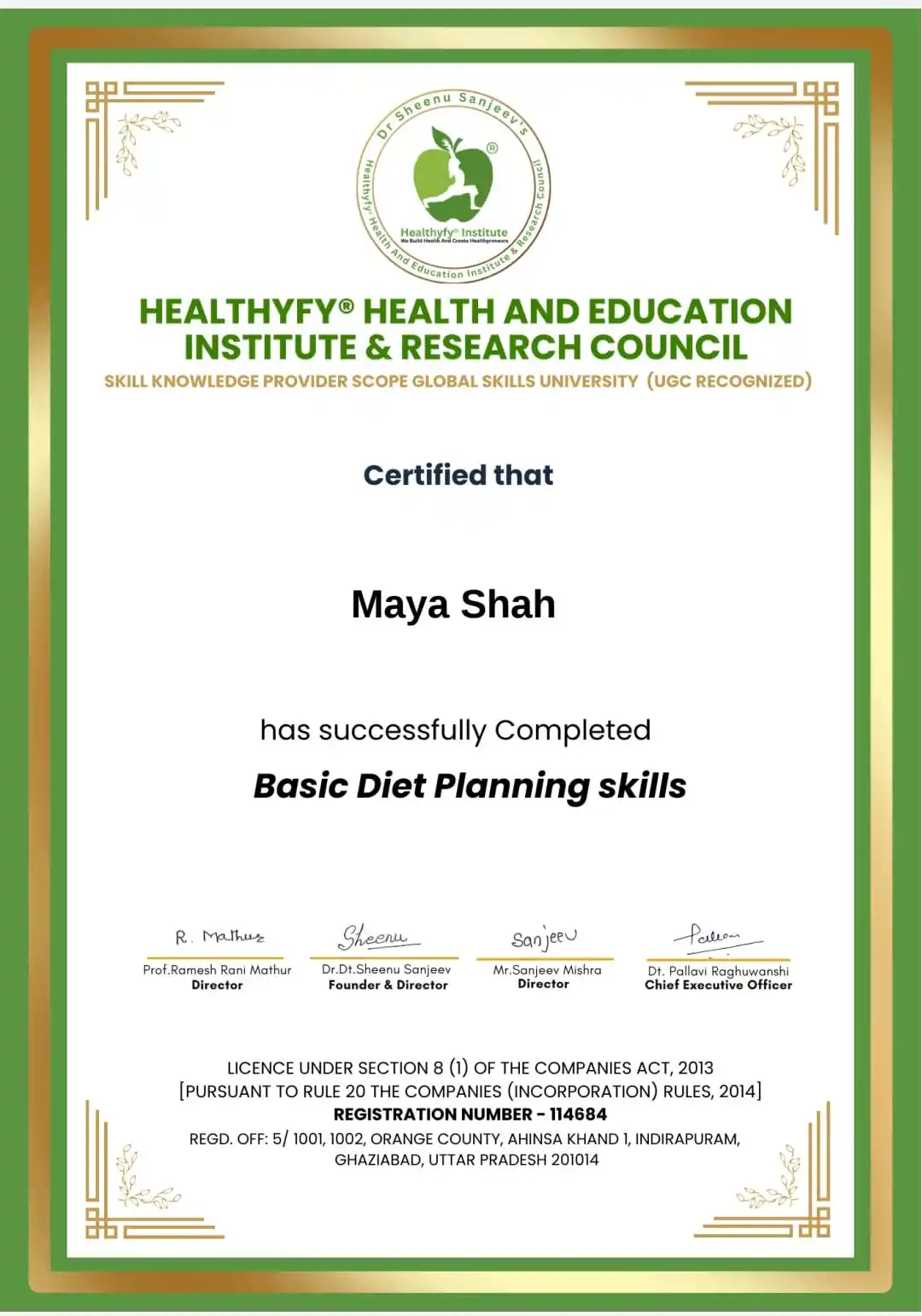 Basic Diet Planning Skills certificate awarded to Maya Shah