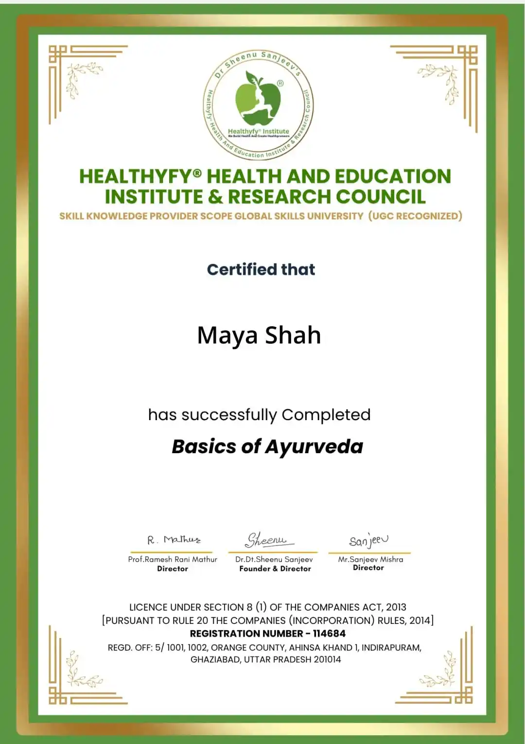 Basics of Ayurveda certificate awarded to Maya Shah