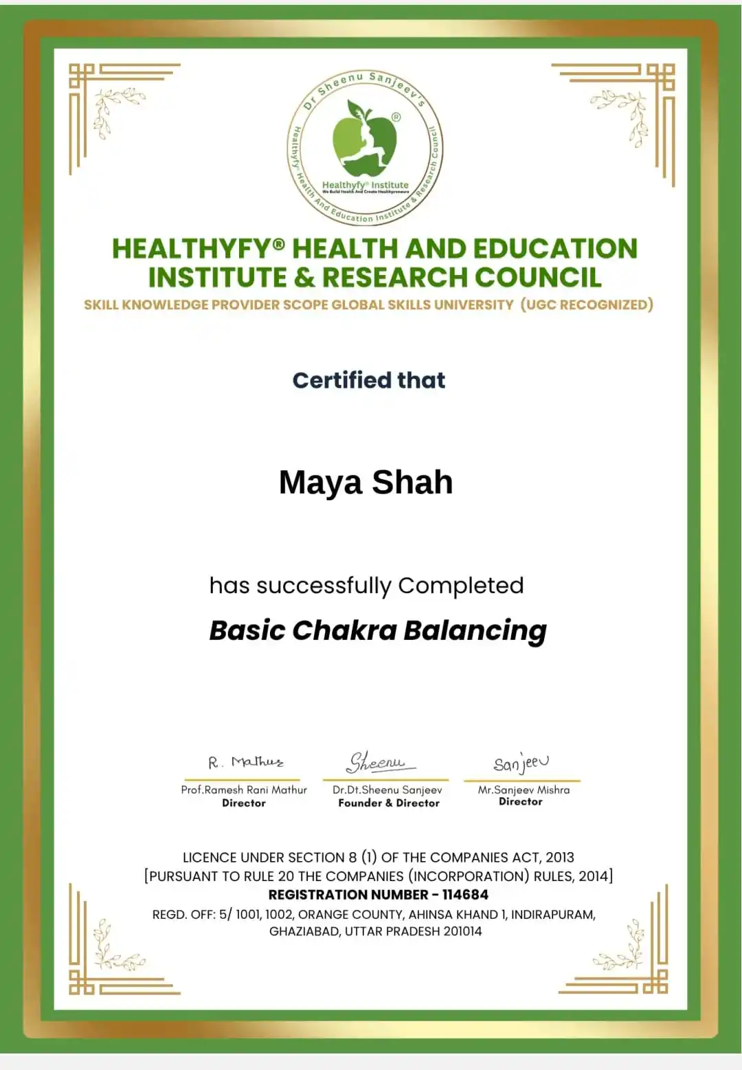 Basic Chakra Balancing certificate awarded to Maya Shah