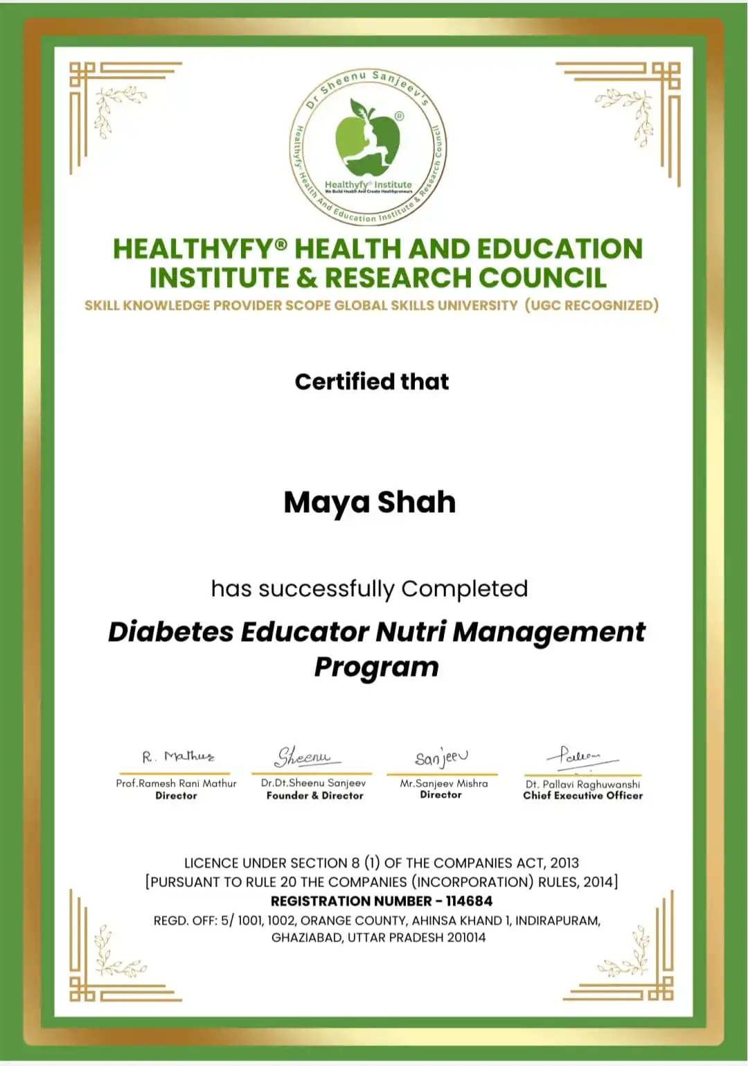 Diabetes Educator Nutri Management Program certificate awarded to Maya Shah