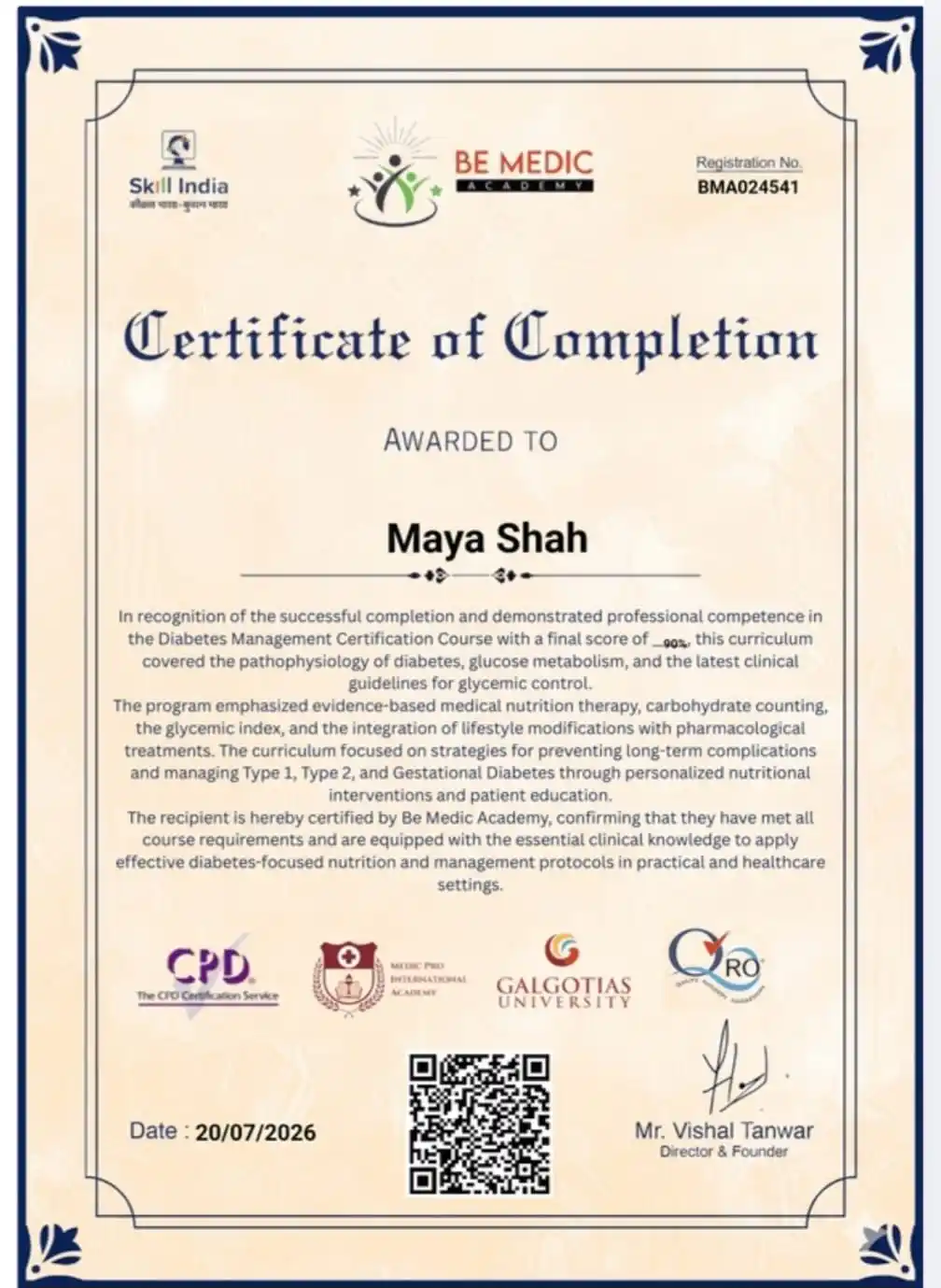 Diabetes Management Certification awarded to Maya Shah by Be Medic Academy