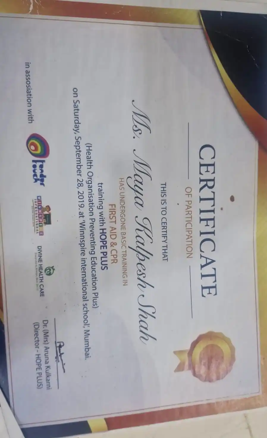 First Aid and CPR training certificate of participation for Maya Shah