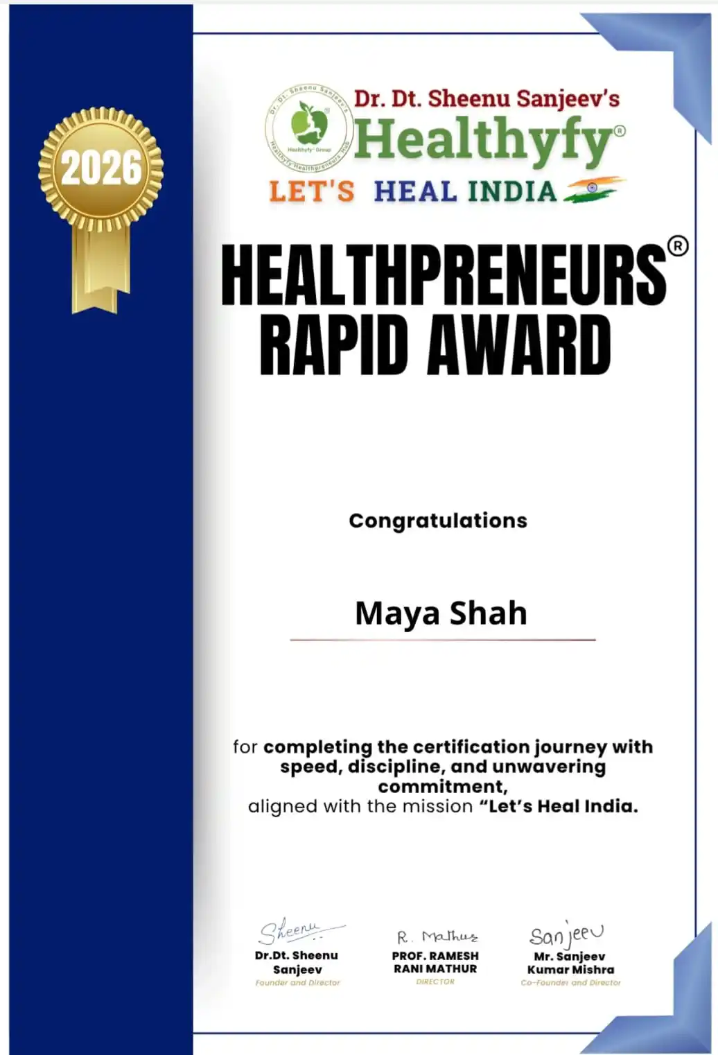 Healthpreneurs Rapid Award certificate presented to Maya Shah