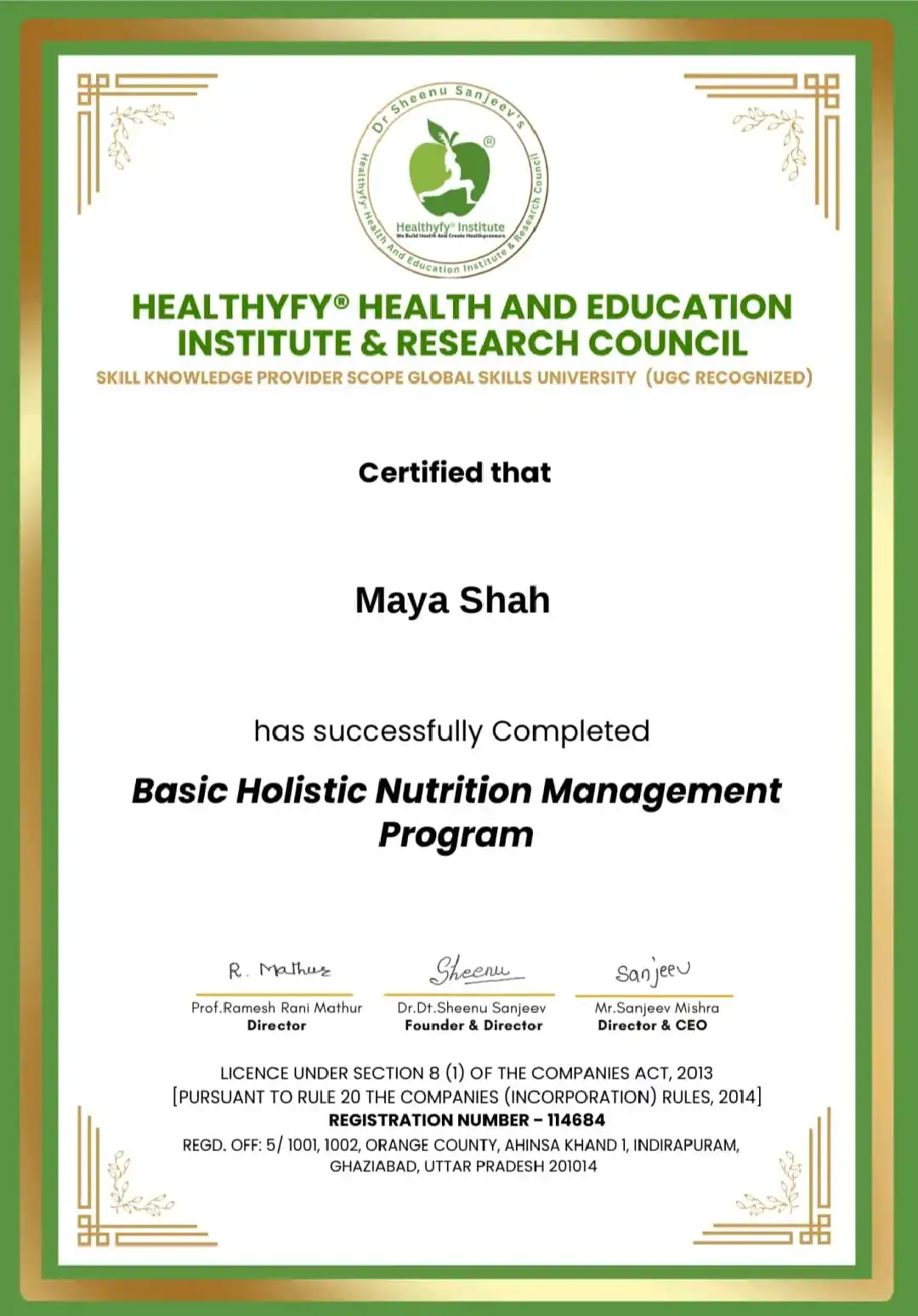 Basic Holistic Nutrition Management Program certificate awarded to Maya Shah
