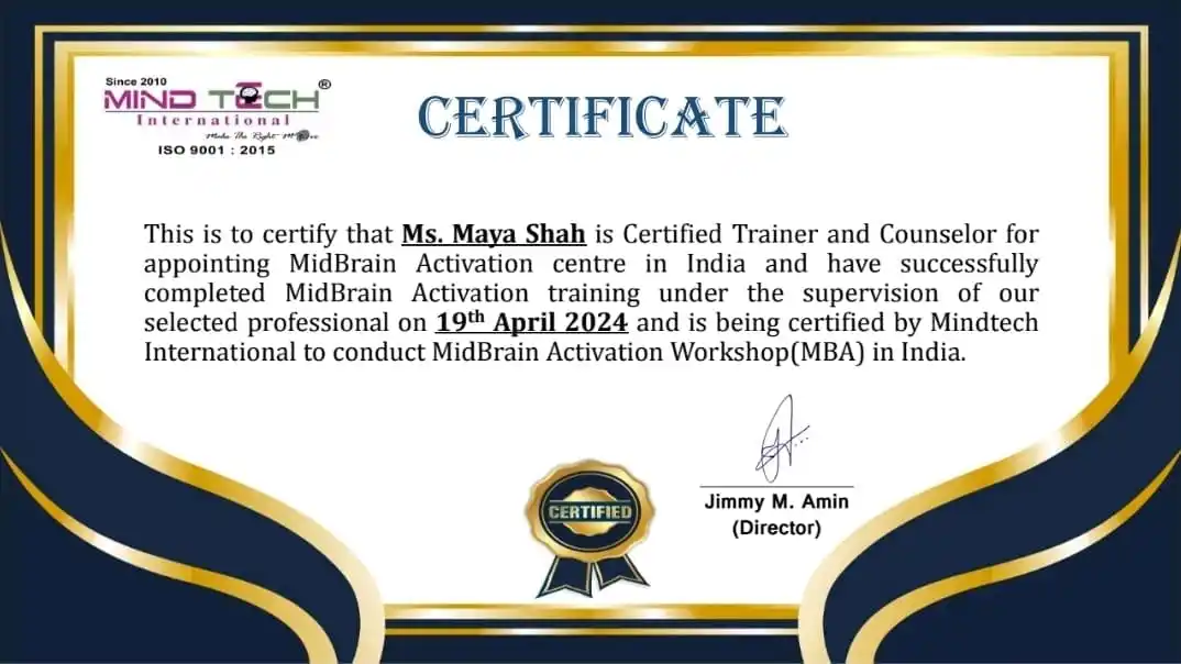 MidBrain Activation certified trainer and counselor certificate for Maya Shah