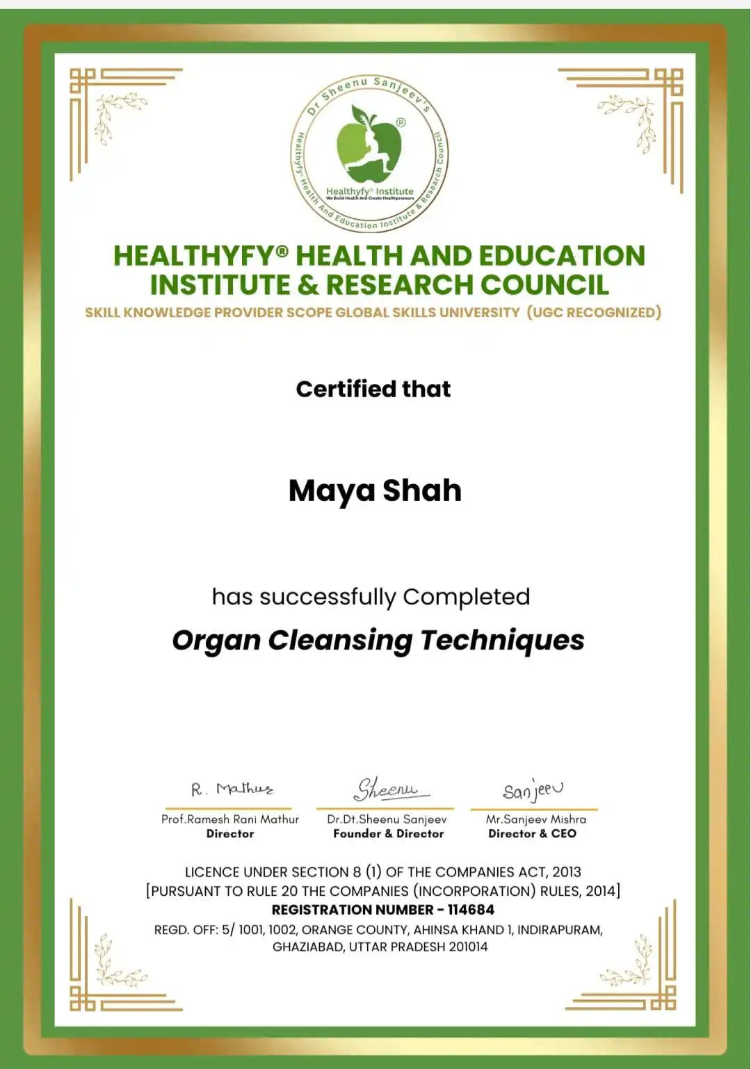 Organ Cleansing Techniques certificate awarded to Maya Shah